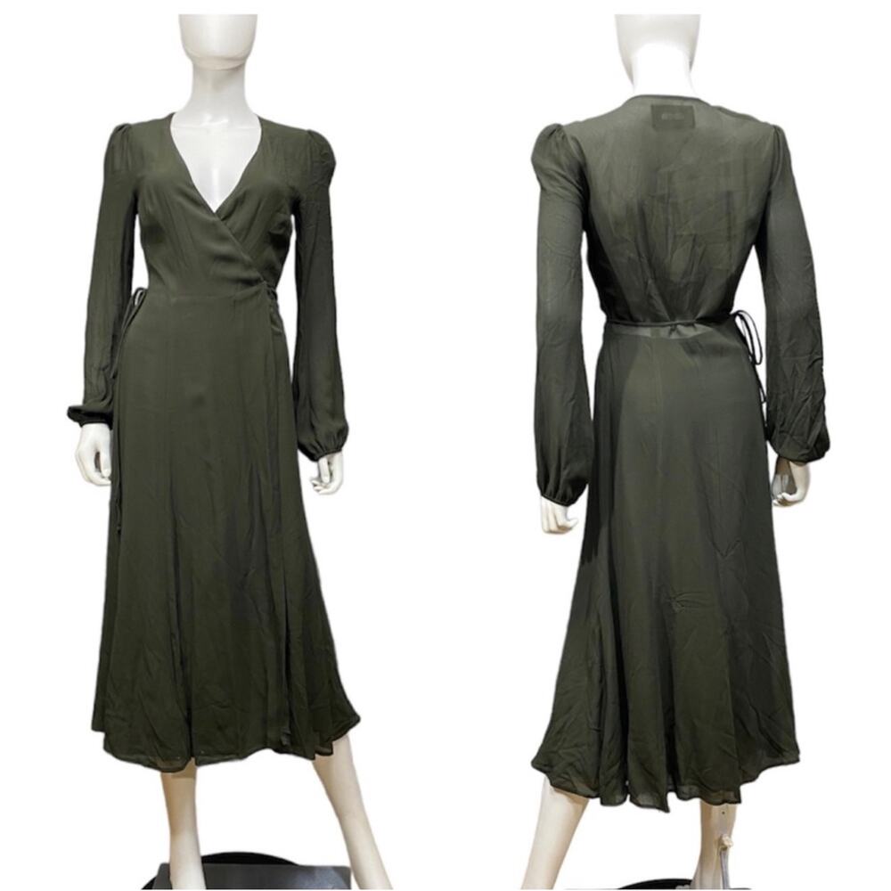 Reformation Nicole Viscose Crepe Wrap Long Sleeve Dress in Hunter Green XS